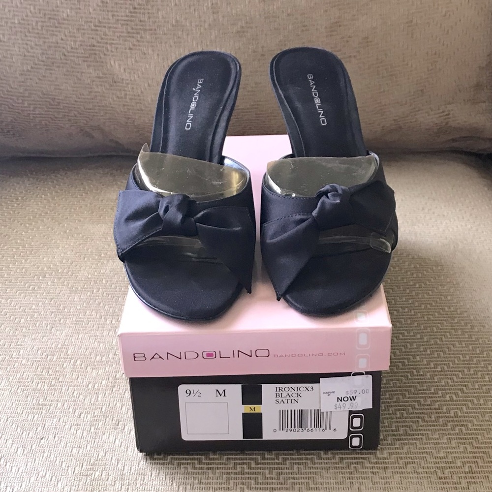 EUC Bandolino Black Satin Mules with Bow Detail